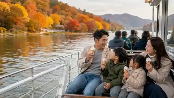Ferry ke Nami Island Korea saat autumn, keluarga menikmati es krim di paket tour Korea