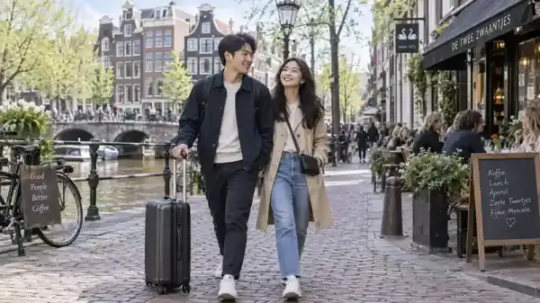 Pasangan Asia di Amsterdam musim semi, inspirasi tour Eropa dan wisata Amsterdam