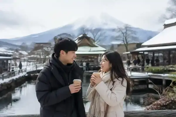 Pasangan menikmati kopi panas di tour jepang Oshino Hakkai saat musim dingin dengan latar Gunung Fuji