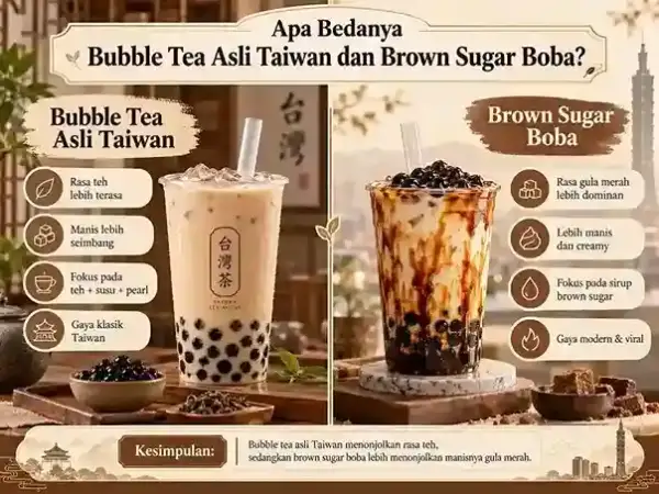 Infografis perbedaan bubble tea asli Taiwan dan brown sugar boba, minuman khas Taiwan populer.