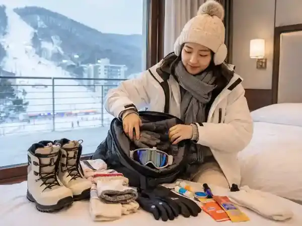 Persiapan tour Korea musim dingin di ski resort Korea dengan pakaian winter dan perlengkapan ski