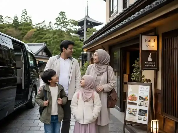 Keluarga menikmati private tour Jepang halal di Kyoto dengan restoran halal dan prayer room
