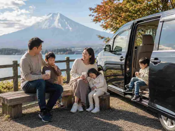 Keluarga menikmati private tour Jepang di kawasan Mount Fuji dengan mobil pribadi
