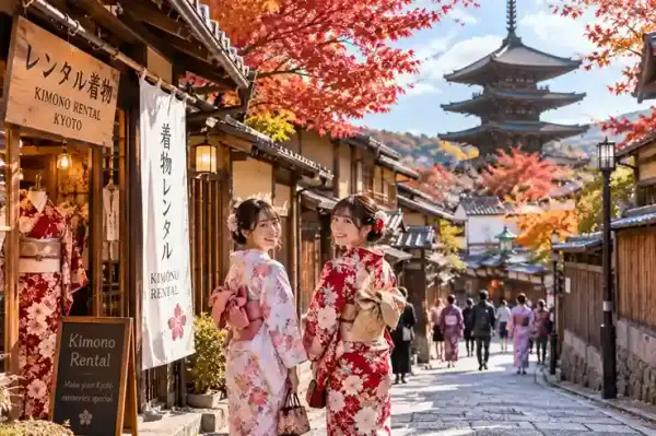 Sewa kimono di Higashiyama Kyoto saat musim gugur dekat Kiyomizu-dera, Jepang