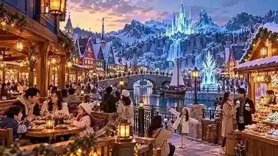 Spot foto dan tempat makan di World of Frozen Hong Kong Disneyland dengan suasana Arendelle.