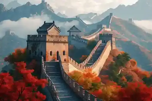 Pemandangan musim gugur di Tembok Besar China dengan menara pengawas dan daun merah.