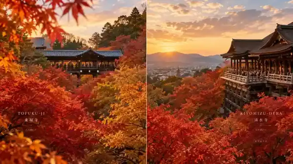 Tofuku-ji dan Kiyomizu-dera saat musim gugur di Kyoto, Jepang