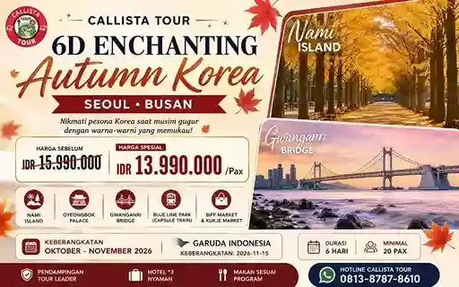 Paket tour Korea autumn Seoul Busan 2026 dengan Nami Island dan Gwangalli Bridge