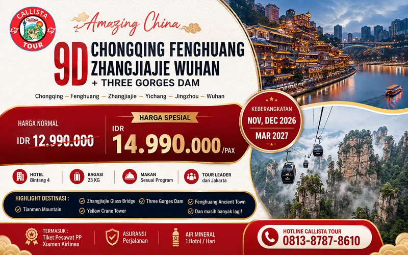 9D Chongqing Fenghuang Zhangjiajie Wuhan + Three Gorges Dam