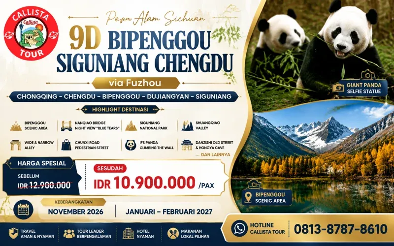 Paket Tour 9D Chengdu Bipenggou Siguniang via Fuzhou