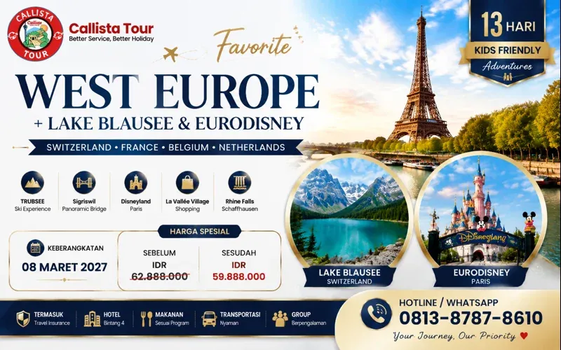 Paket Tour 13D Favorite West Europe Lake Blausee Paris Euro Disney