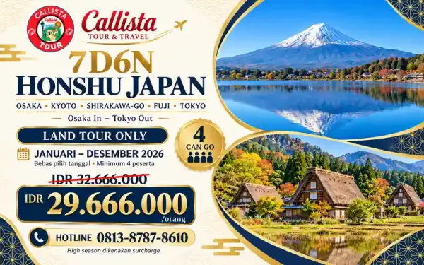 Paket Tour 7 Hari Honshu Osaka–Tokyo + Shirakawa-go 4 Can Go