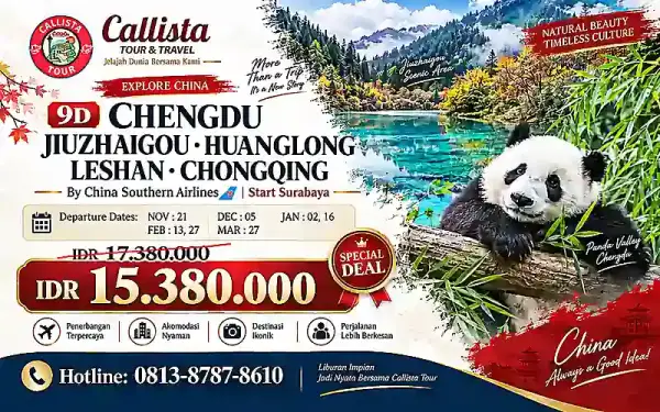 Paket Tour 9 Hari Jiuzhaigou Huanglong Leshan Chongqing start SUB