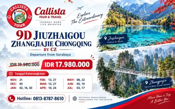 Paket Tour 9 Hari Jiuzhaigou Zhangjiajie Chongqing start SUB