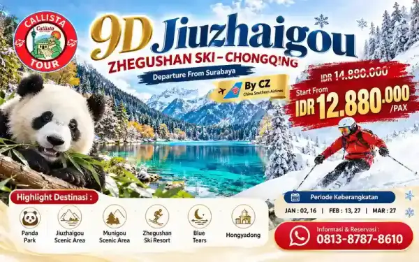 9 Hari Jiuzhaigou + Zhegushan Ski – Chongqing start SUB 1