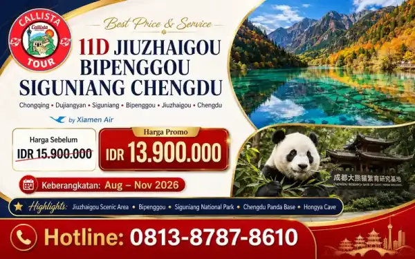 Paket Tour Tour China 11 Hari Jiuzhaigou Bipenggou Siguniang Chengdu