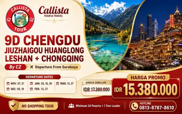 Paket Tour China Jiuzhaigou Huanglong Chongqing 9 Hari start SUB