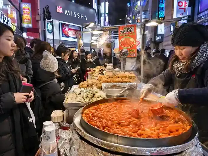 Tteokbokki di street food Myeongdong Seoul yang ramai pembeli dan antre saat wisata kuliner Korea Selatan