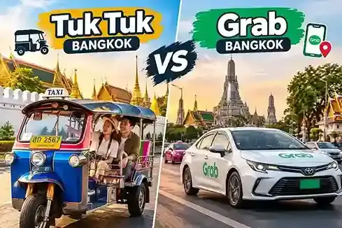 Tuk Tuk vs Grab di Bangkok Thailand untuk transportasi wisata dengan latar Wat Arun