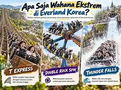 Ilustrasi wahana ekstrem Everland Korea di Yongin, T Express, Double Rock Spin, dan Thunder Falls.