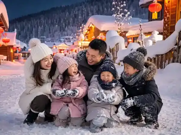 Keluarga bahagia menikmati wisata China musim dingin saat ikut tour ke Snow Village Harbin.