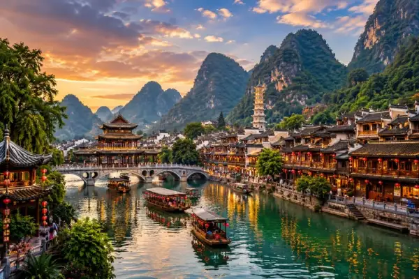 Pemandangan Yangshuo Guilin China dengan pegunungan karst dan sungai saat tour Guilin China
